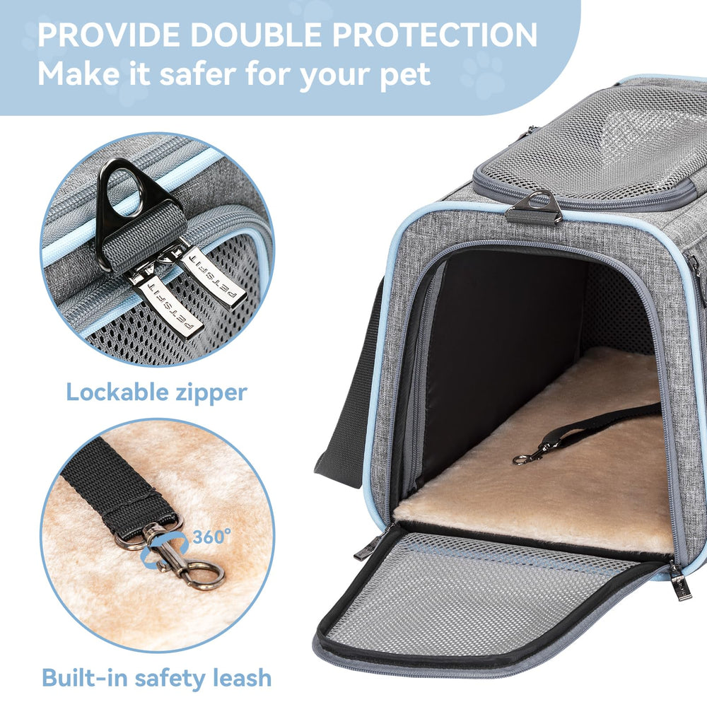 Petsfit expandable pet carrier zippers close-up shows escape-proof locking for safety.