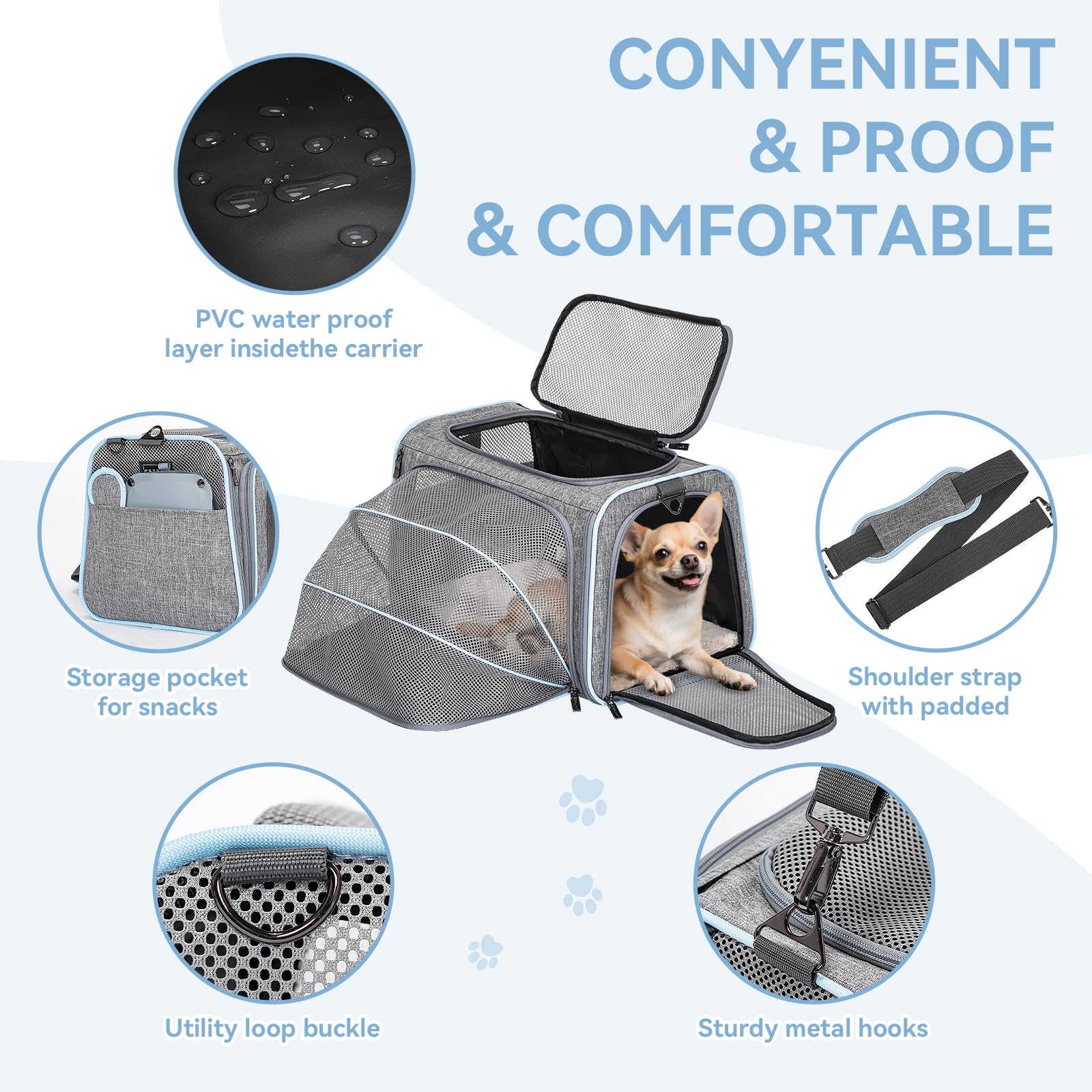 Petsfit expandable soft-side carrier self-lock zipper prevents escapes