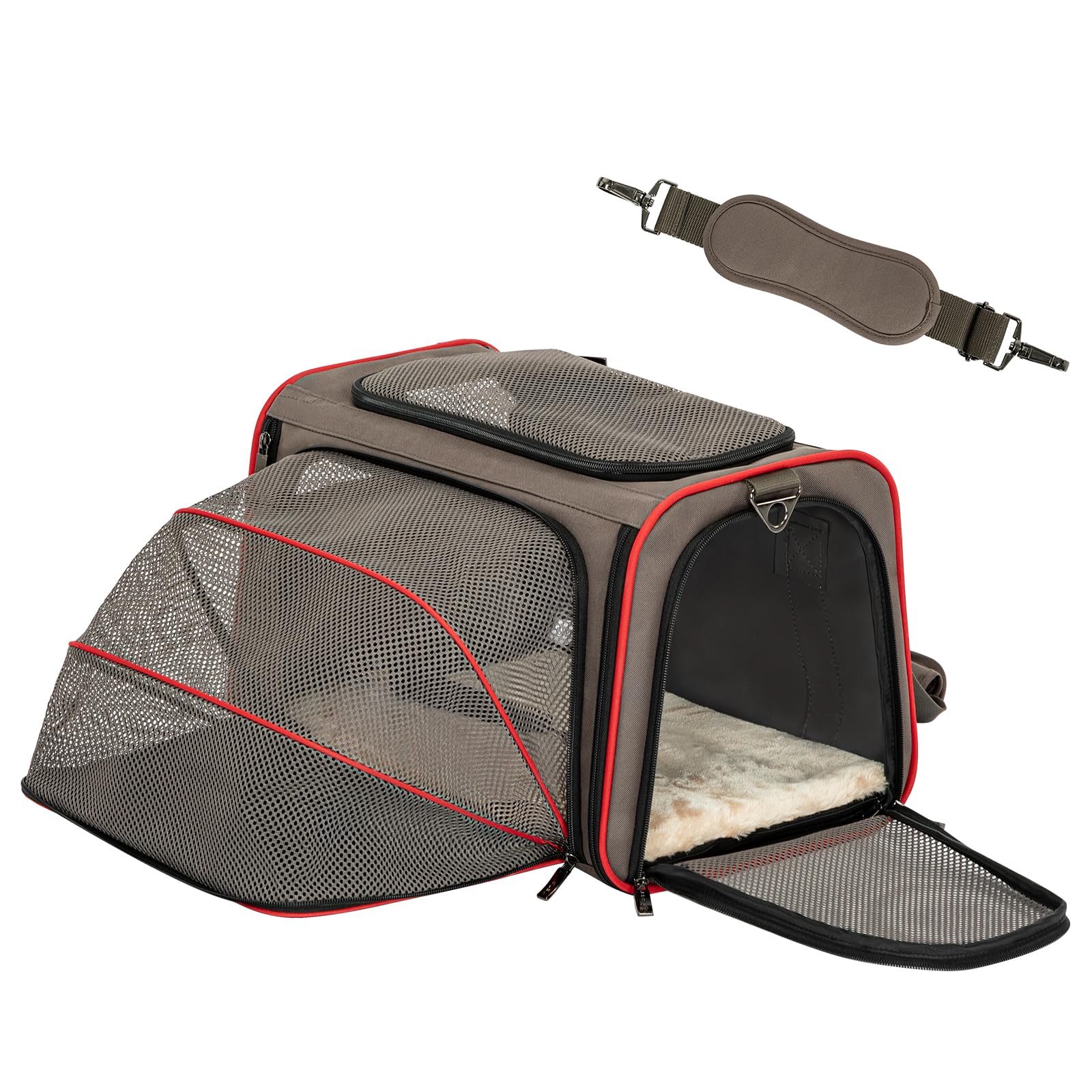 Petsfit expandable soft-side carrier side view showing expanded space for travel comfort