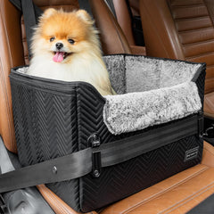 Petsfit small dog car seat buckle closeup showing patent safety buckles for secure travel