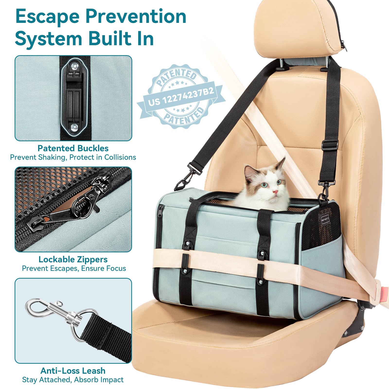 Petsfit lockable zipper prevents escapes while you travel.
