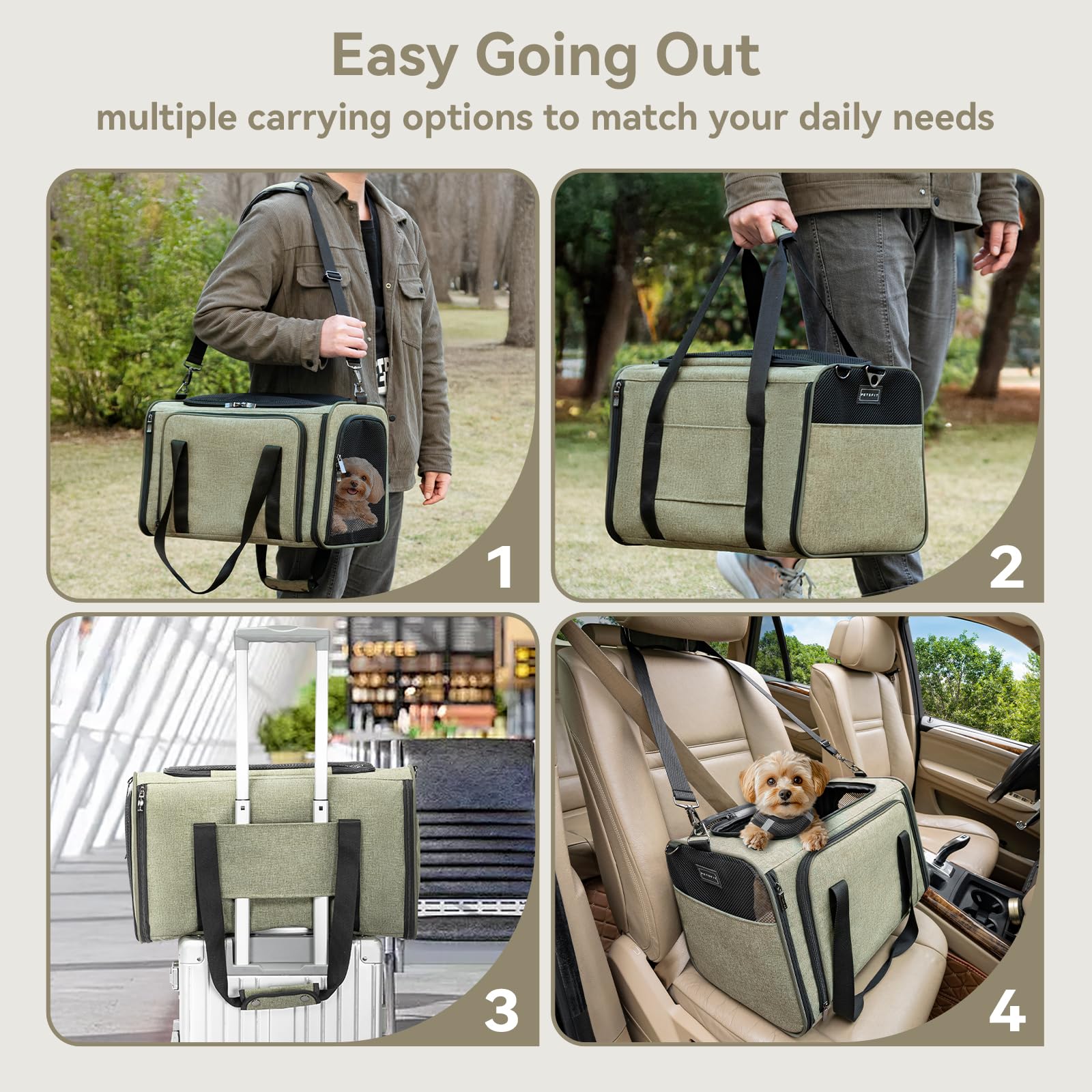 Petsfit carrier with multiple pockets for easy travel essentials.