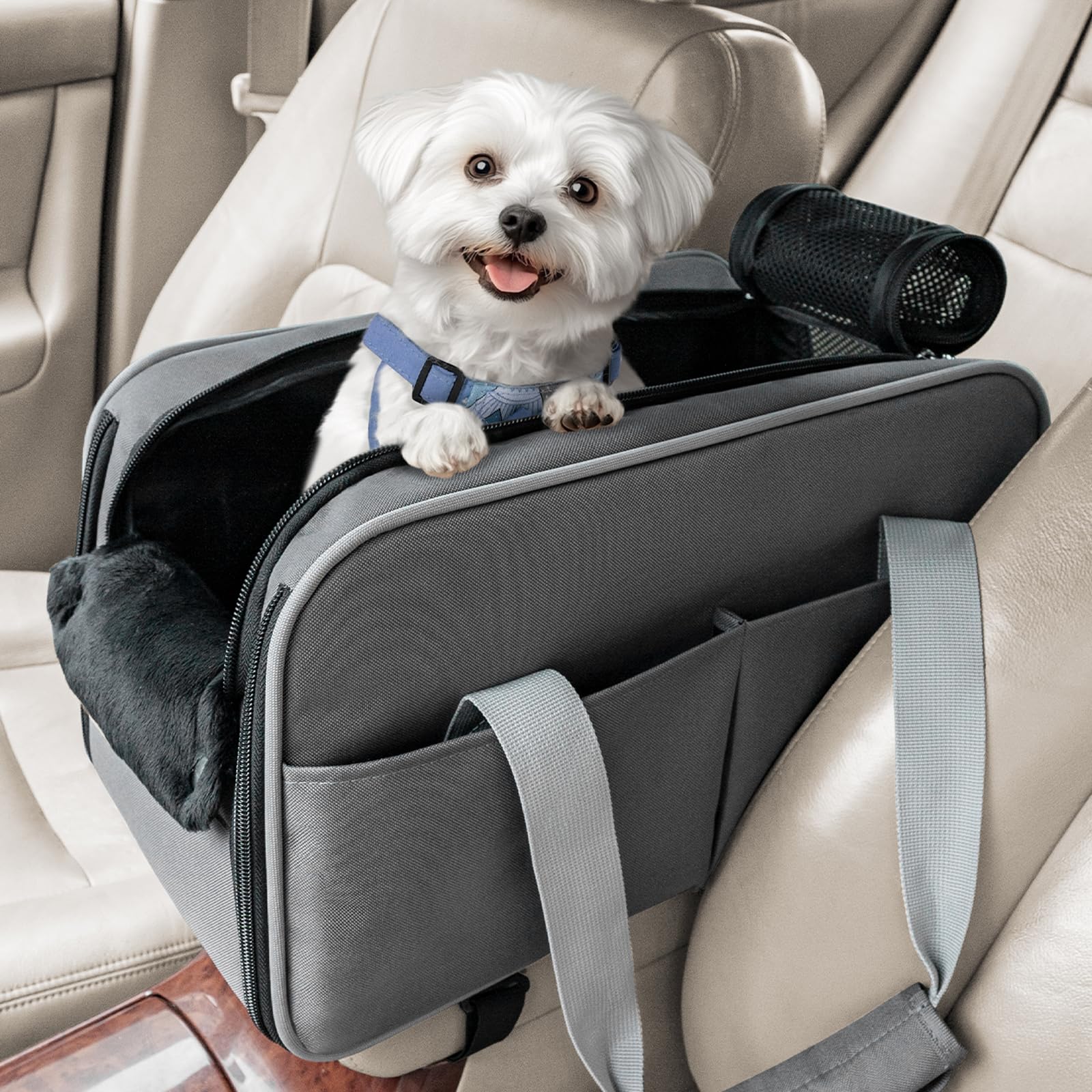 Petsfit multipurpose center console dog car seat, compact design for small pets during travel.