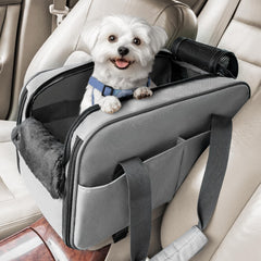 Petsfit multipurpose console dog seat under-seat design for airline travel.