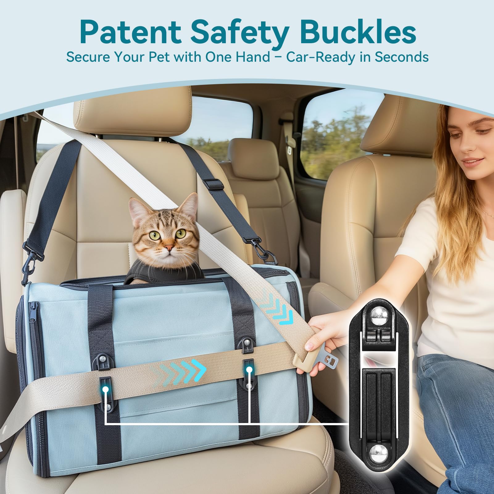 Petsfit patented safety buckles securely hold during car trips.