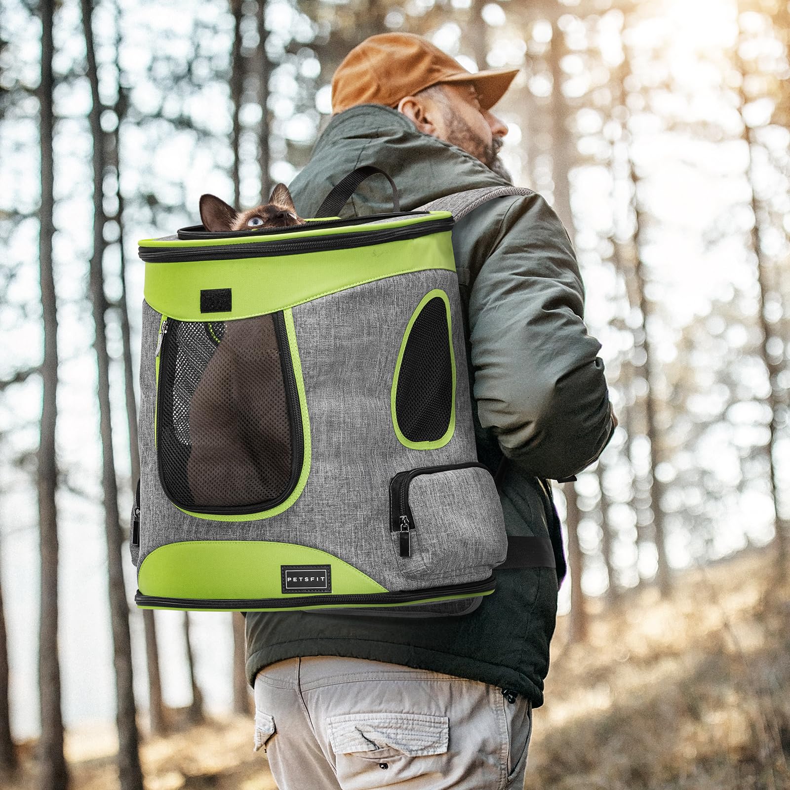 Petsfit foldable design and pockets store essentials during biking or camping.
