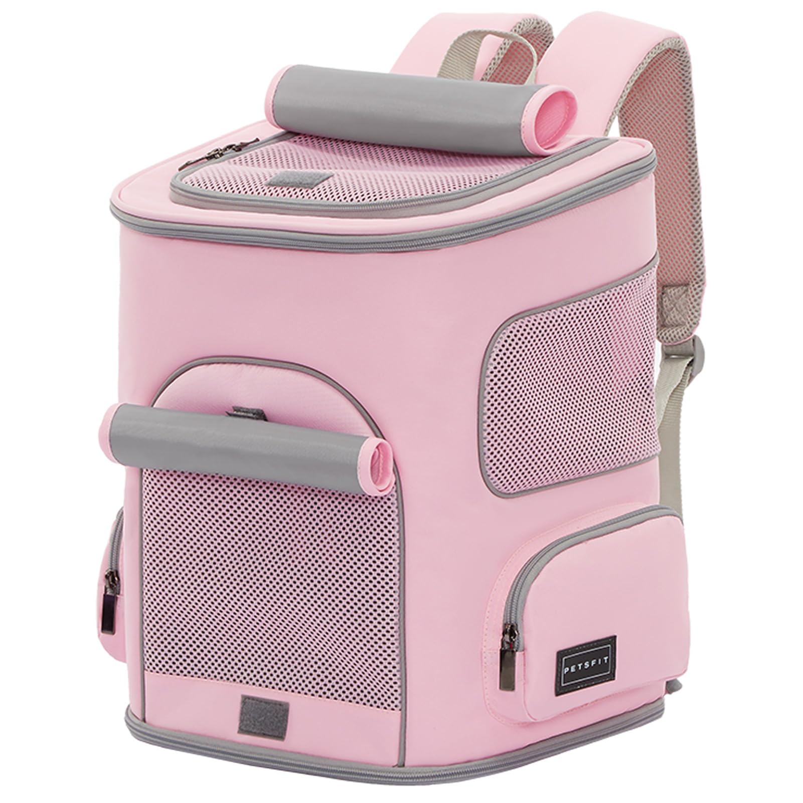 PETSFIT pet carrier backpack front view in pink highlighting ergonomic waist support.