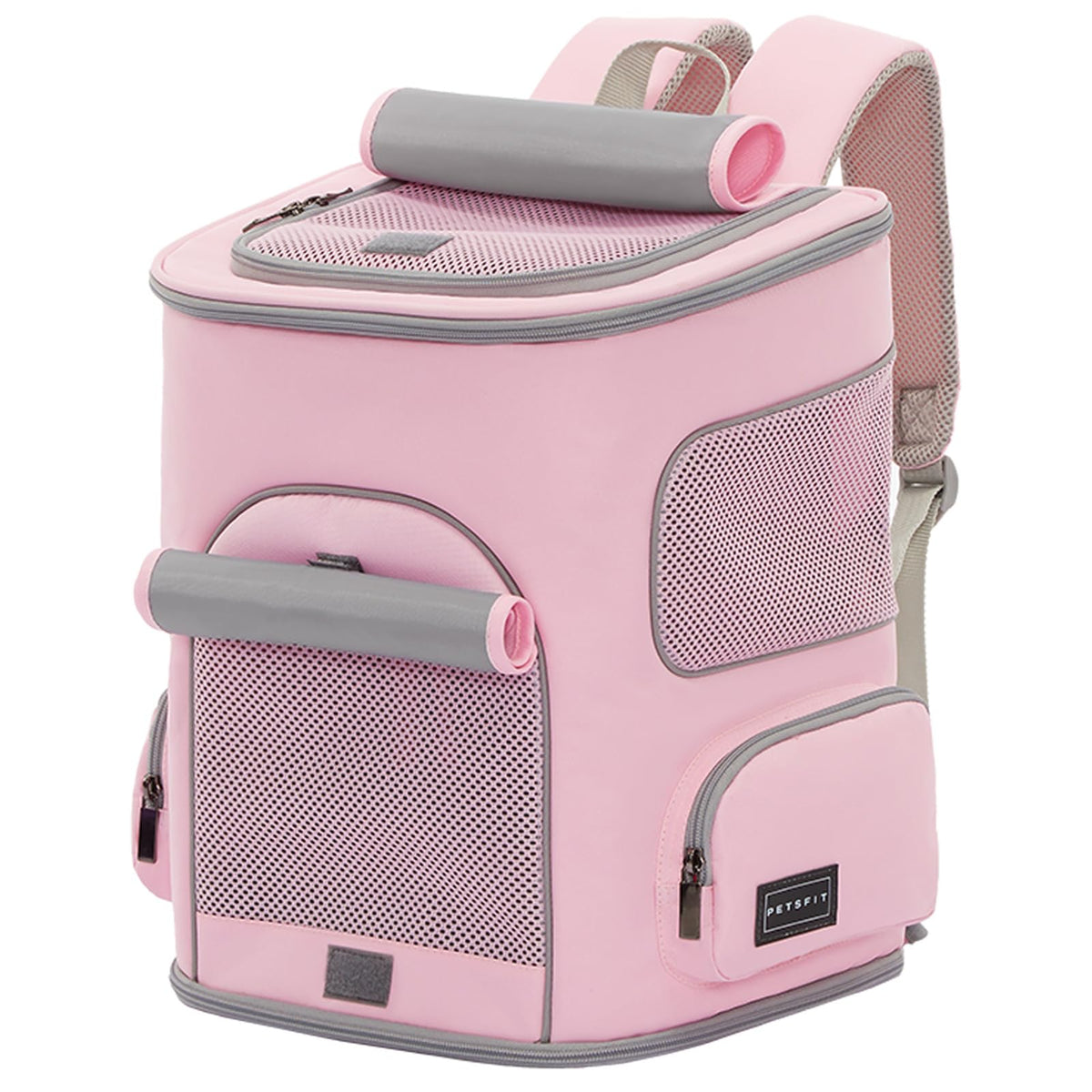 PETSFIT pet carrier backpack front view in pink highlighting ergonomic waist support.