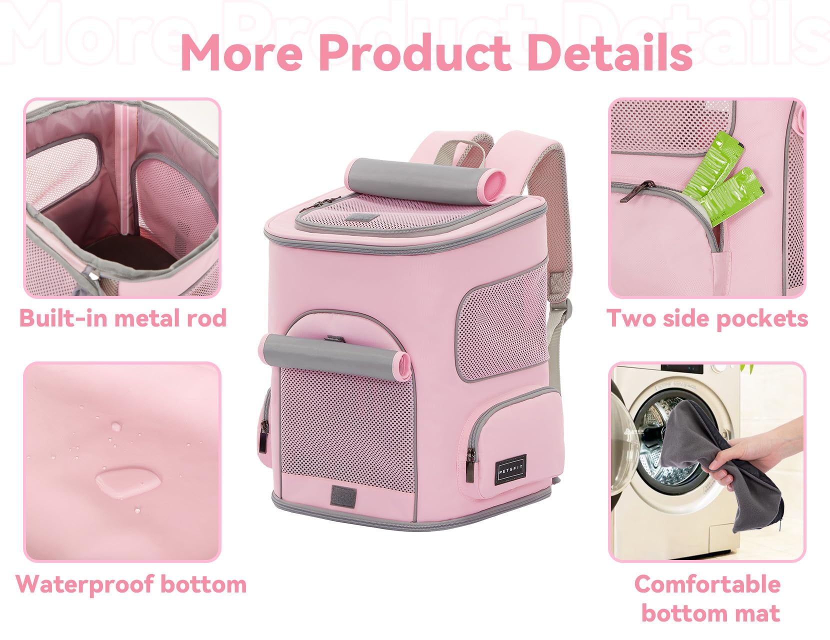 PETSFIT pet carrier backpack ventilation mesh on four sides for airflow.