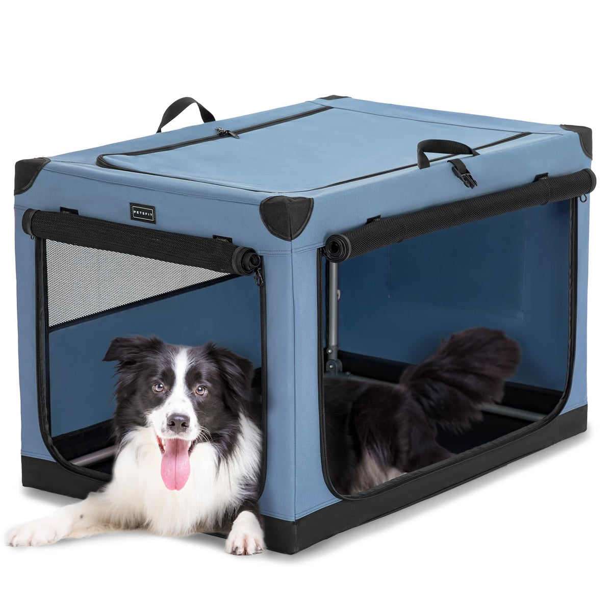 Petsfit portable dog crate 36 blue side view shows reinforced frame for stable travel.