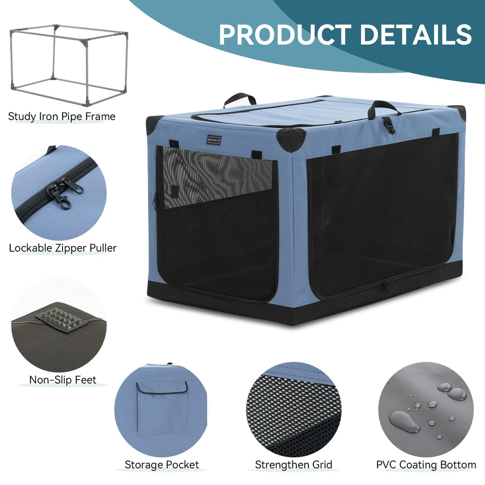 Petsfit portable dog crate 36 blue vented mesh windows promote airflow and calm behavior.