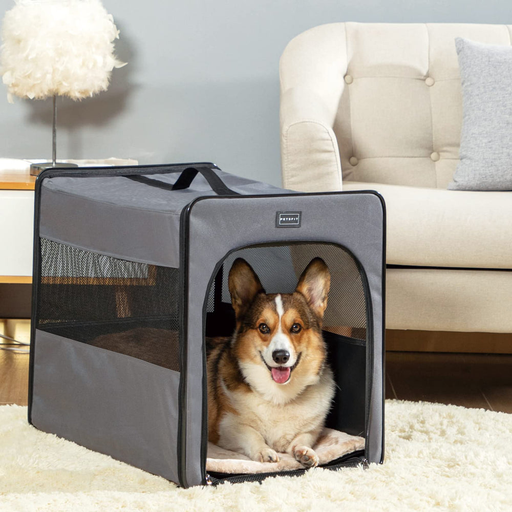 Petsfit portable-dog-crate-folded-storage-bag shows compact packing for travel.