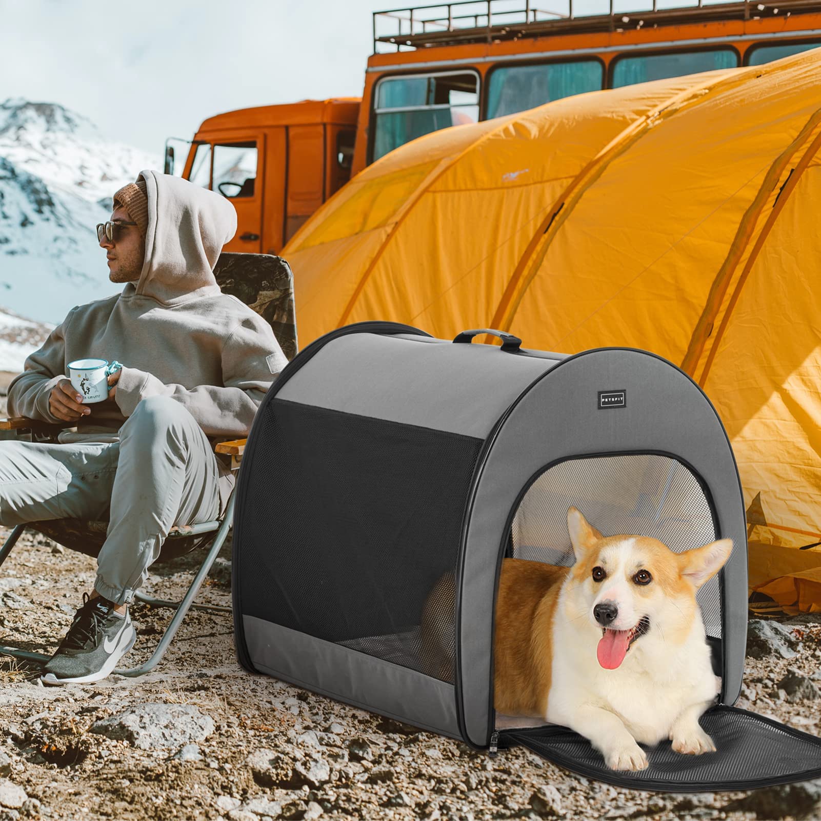 Petsfit portable dog crate travel car scene shows versatile portability