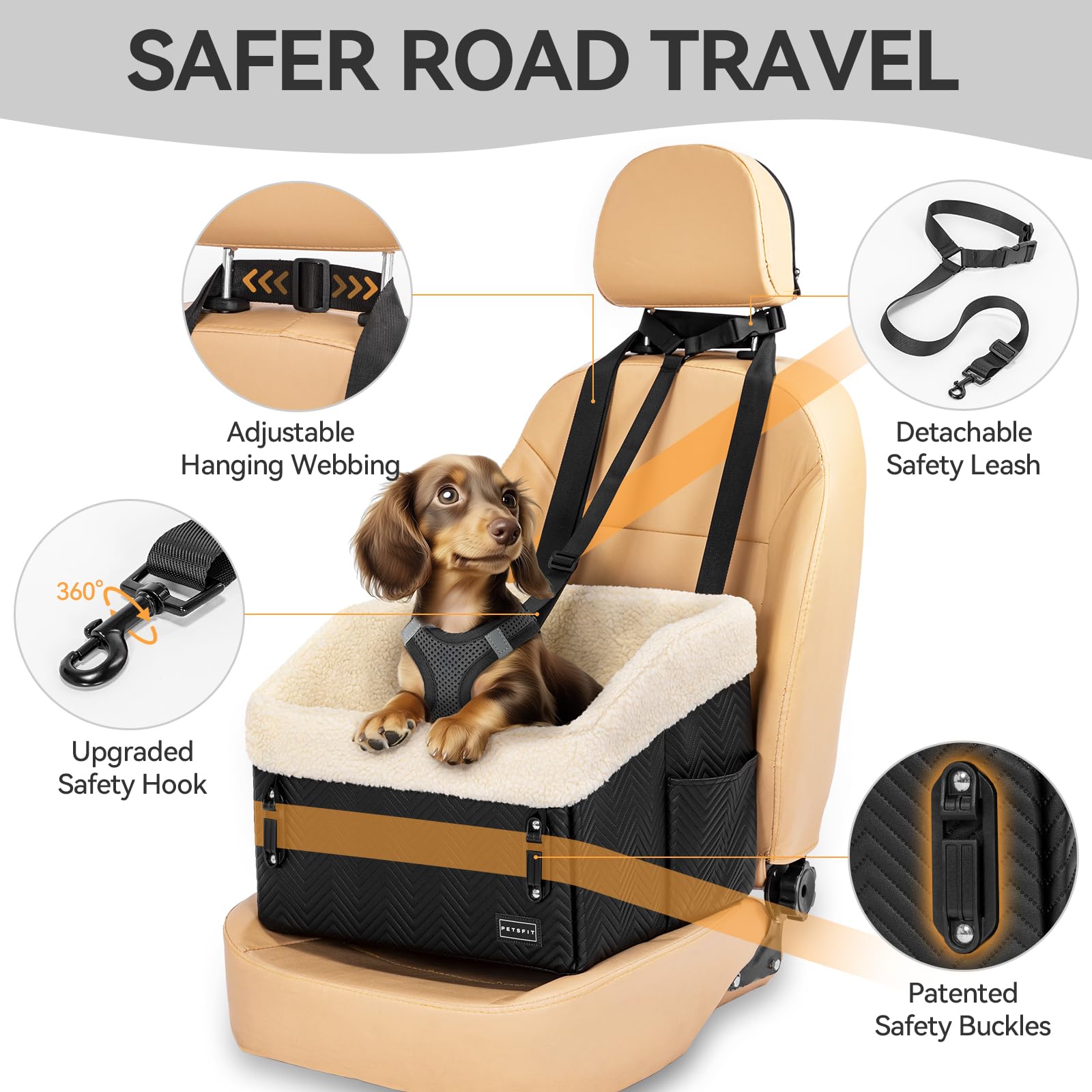 Petsfit small dog car seat buckles close-up emphasizes patented safety features.