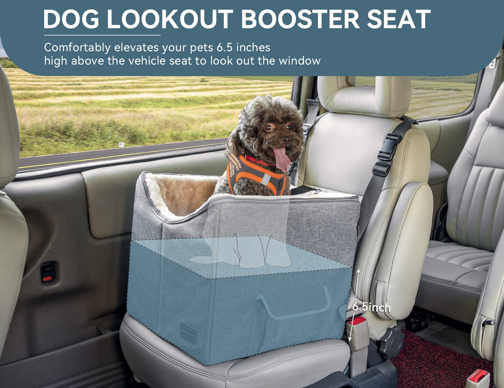 Petsfit small dog car seat with double-sided cushion shows summer and winter comfort.