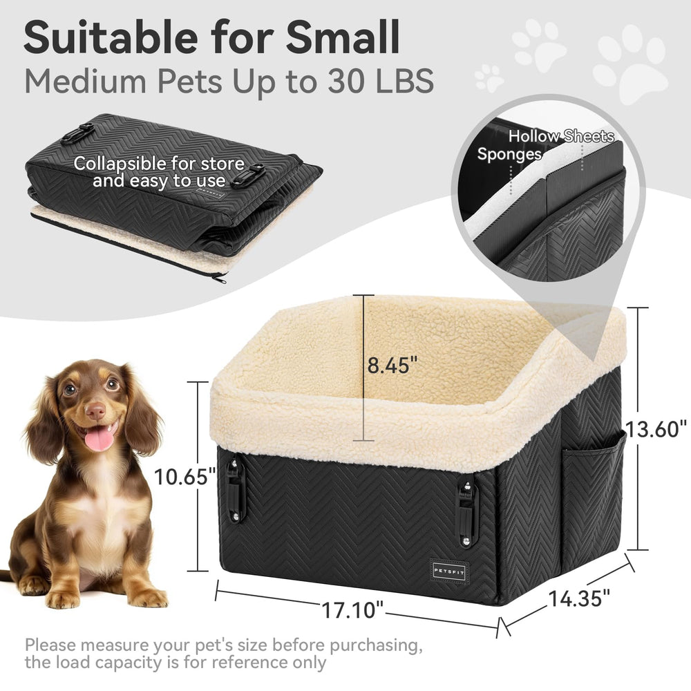 Petsfit small dog car seat dual-face cushion illustrates reversible warmth and easy cleaning.