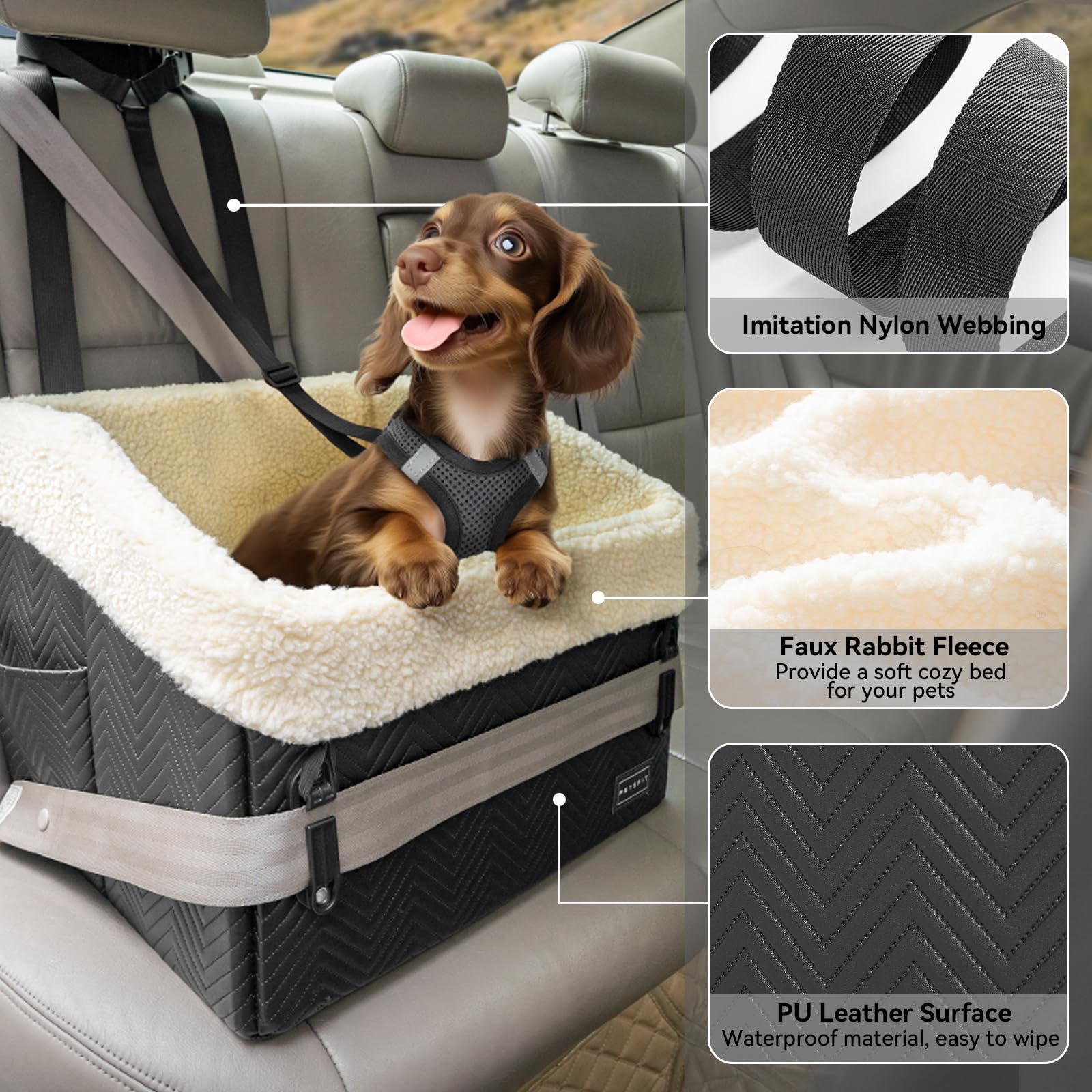 Petsfit small dog car seat elevated view shows the out-the-window vantage for calming rides.