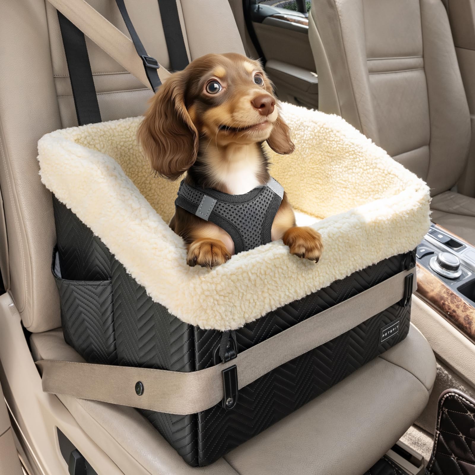 Petsfit small dog car seat two pockets shows handy storage for treats and toys.