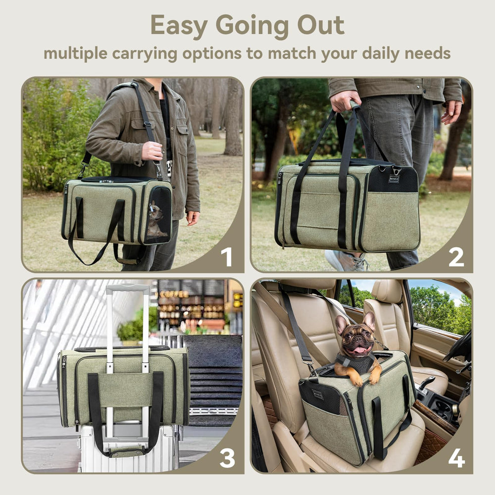 Petsfit soft-sided pet travel carrier removable plush mat provides cozy comfort.