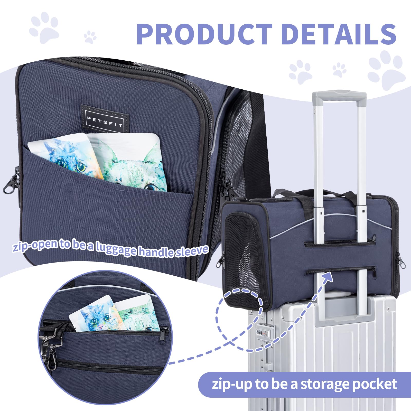 Petsfit suitcase-attachment design secures carrier on luggage for hands-free travel