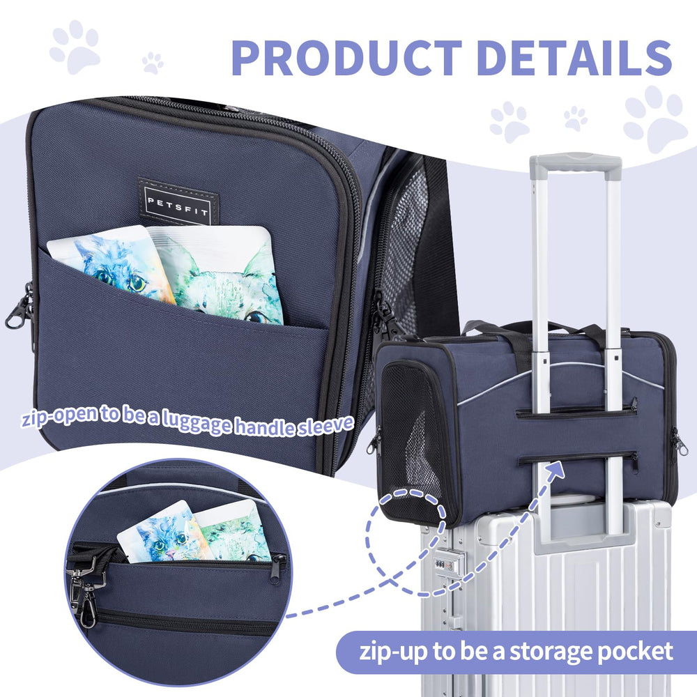 Petsfit suitcase-attachment design secures carrier on luggage for hands-free travel