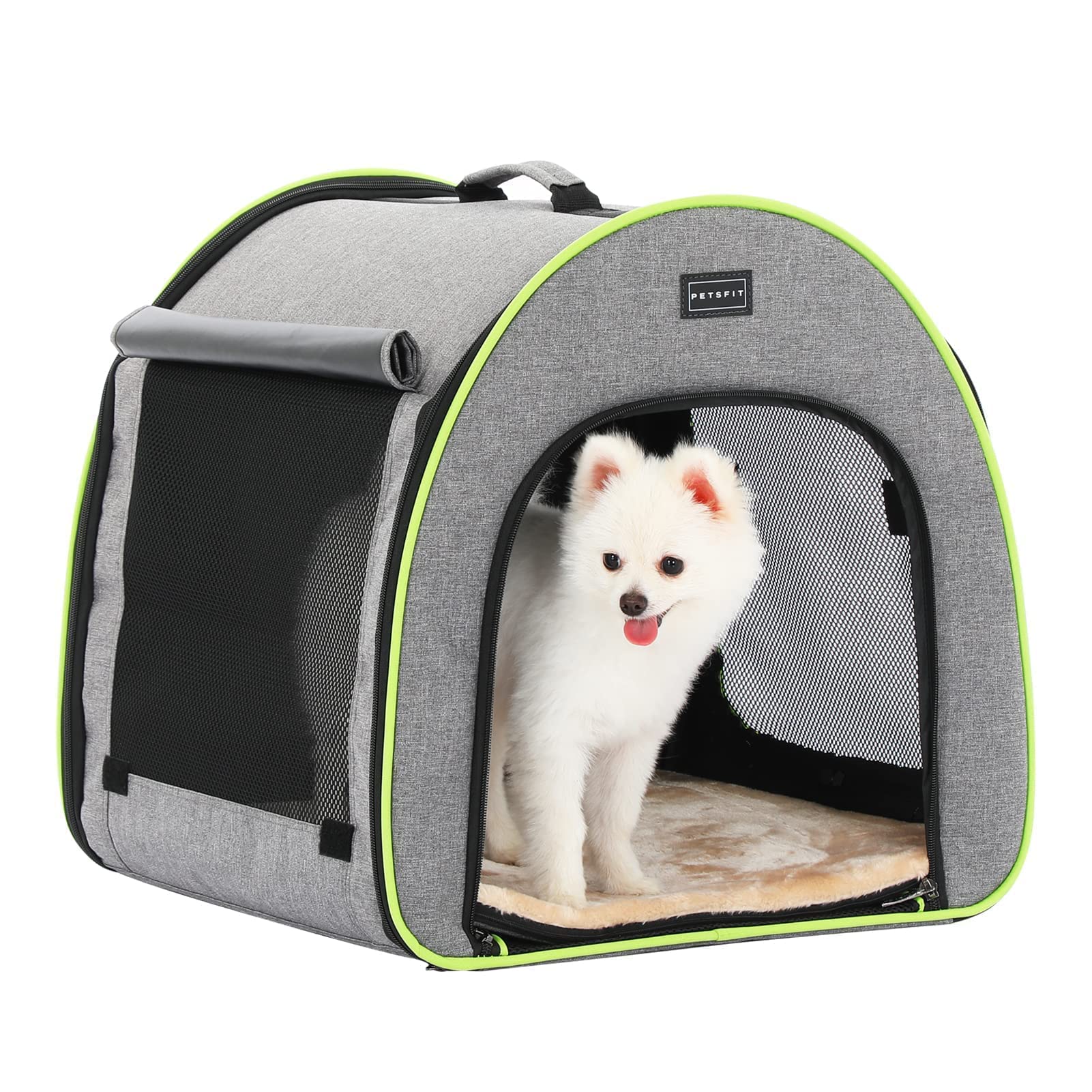 Petsfit travel dog crate inside car highlights roomy interior for small dogs.