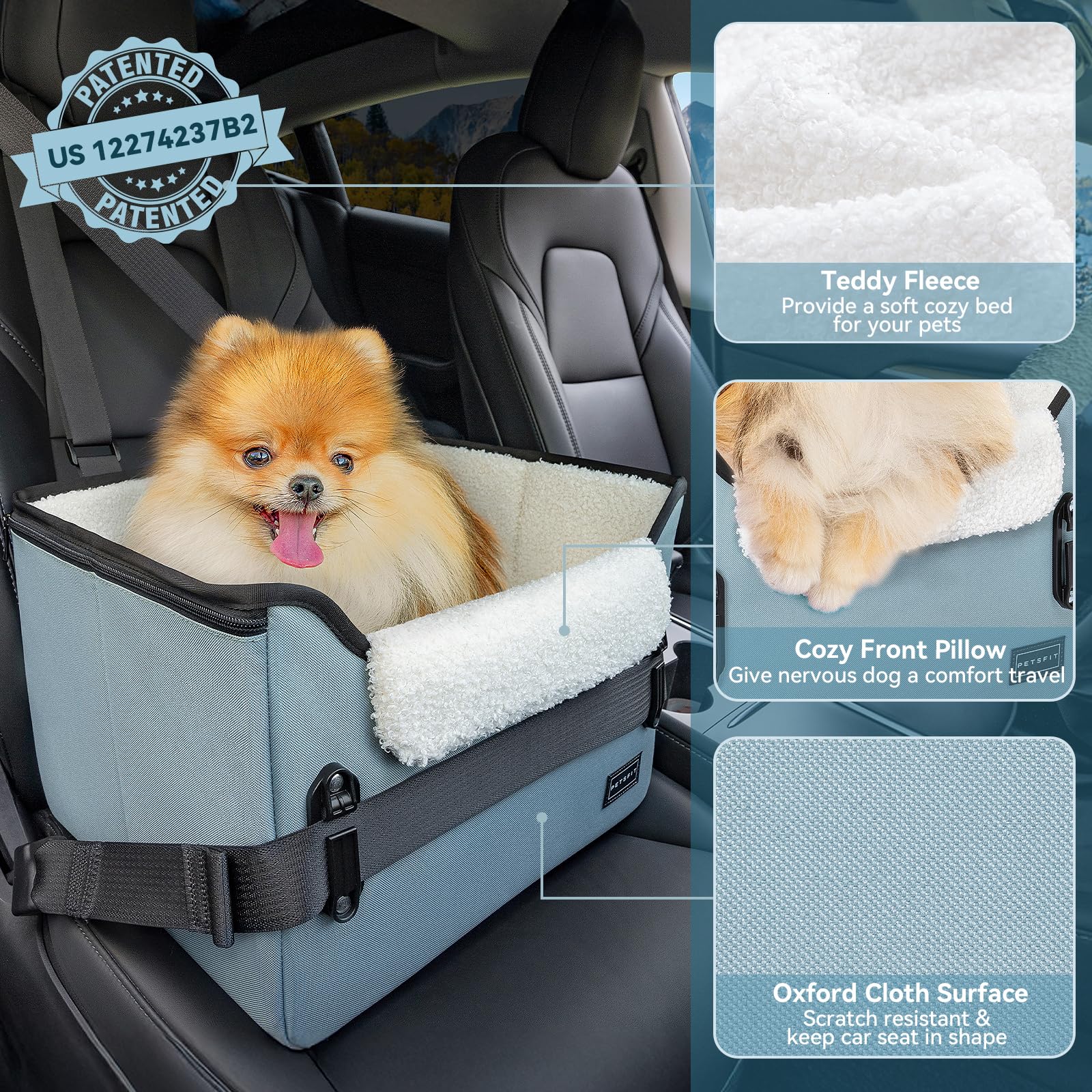 PETSFIT two-level booster elevates small dogs for a calmer, window-view travel experience.