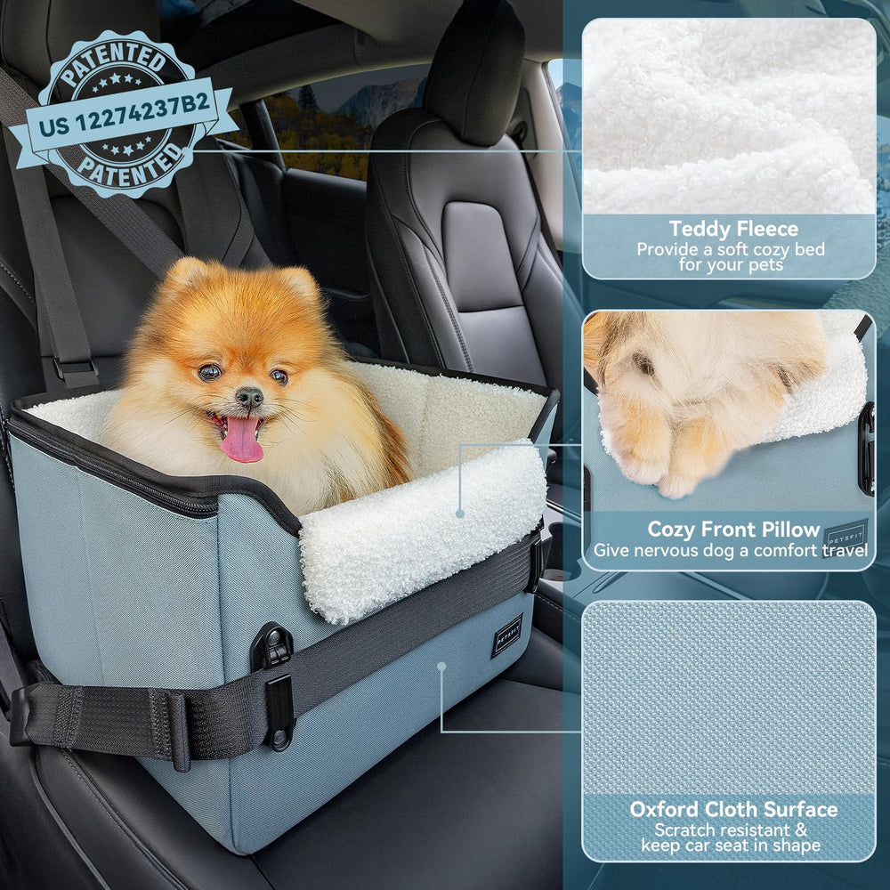 PETSFIT two-level booster elevates small dogs for a calmer, window-view travel experience.
