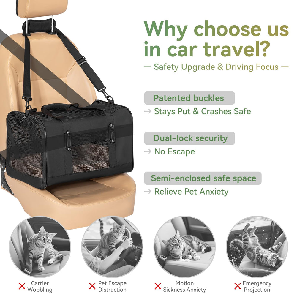 Petsfit cat carrier with upgraded buckle for secure car travel safety.