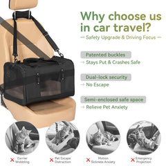 Petsfit cat carrier with upgraded buckle for secure car travel safety.