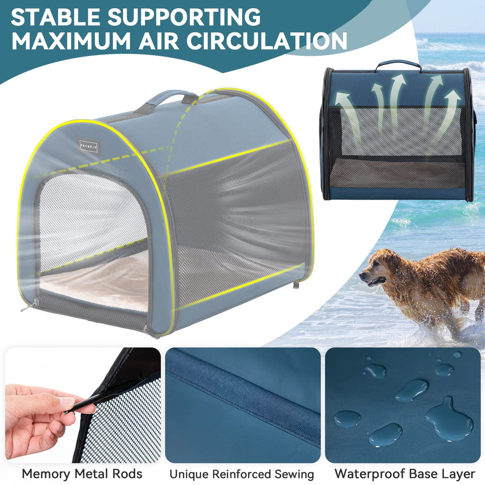 Petsfit ventilated crate with three mesh sides promotes airflow outdoors.