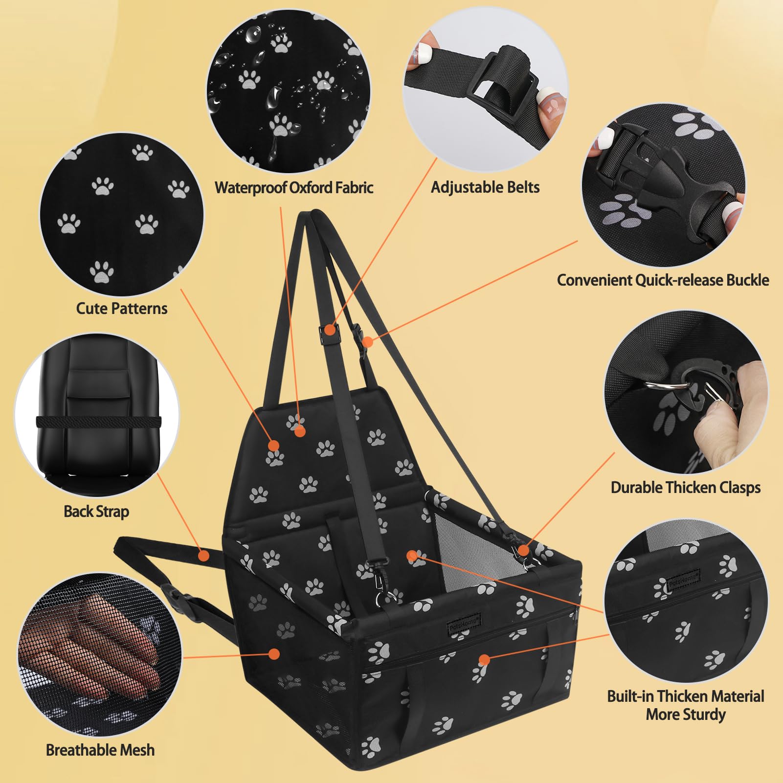 PetsHome dog car seat with oxford fabric and waterproof interior for quick cleanup.