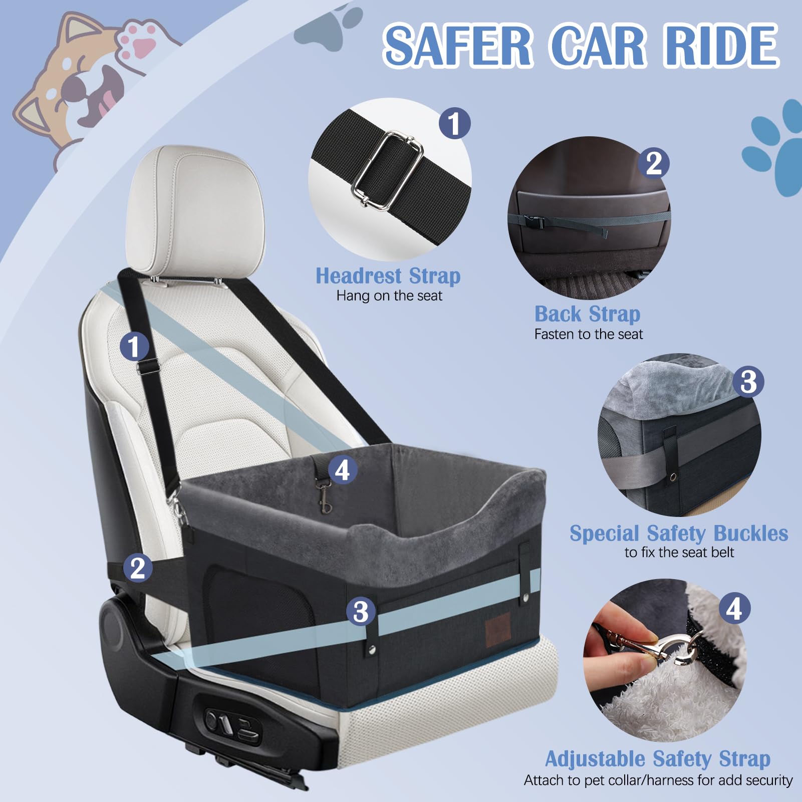 PetsHome dog car seat removable plush cover for easy washing