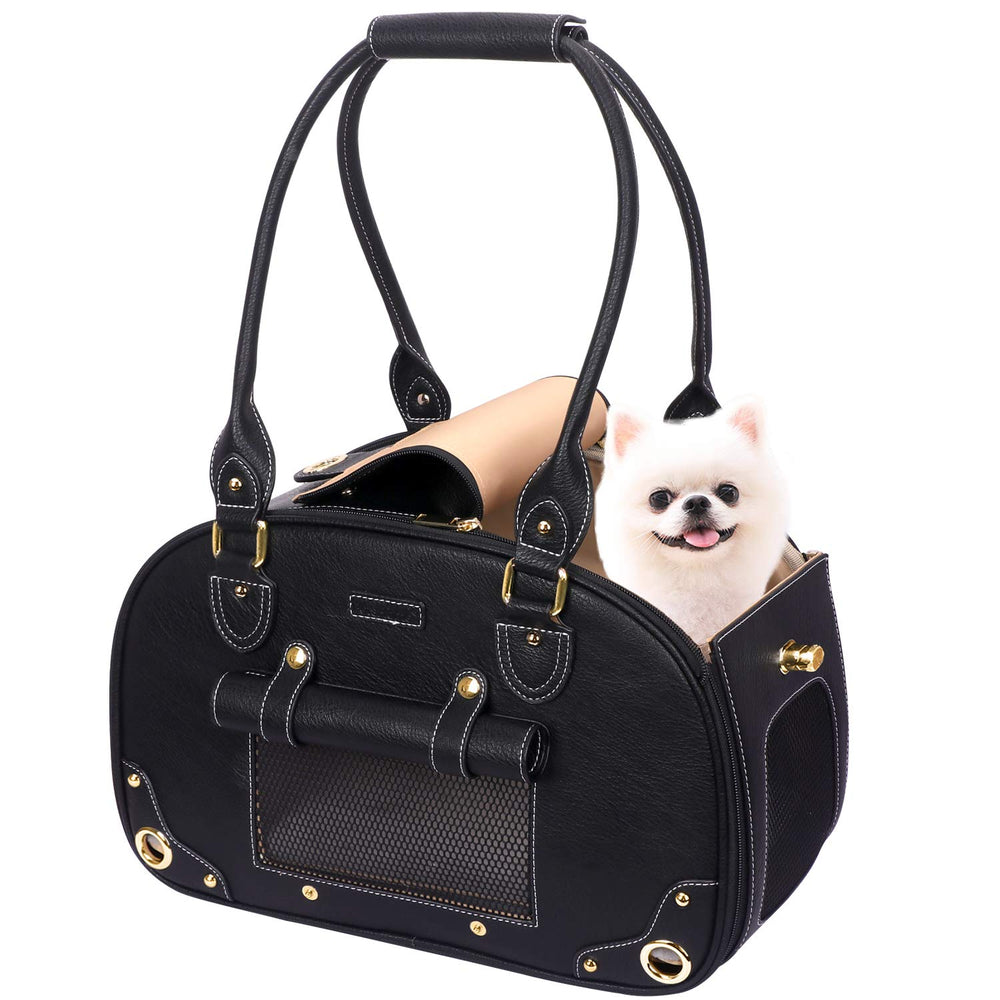 PetsHome dog carrier purse front view with premium PU leather and easy cleaning.