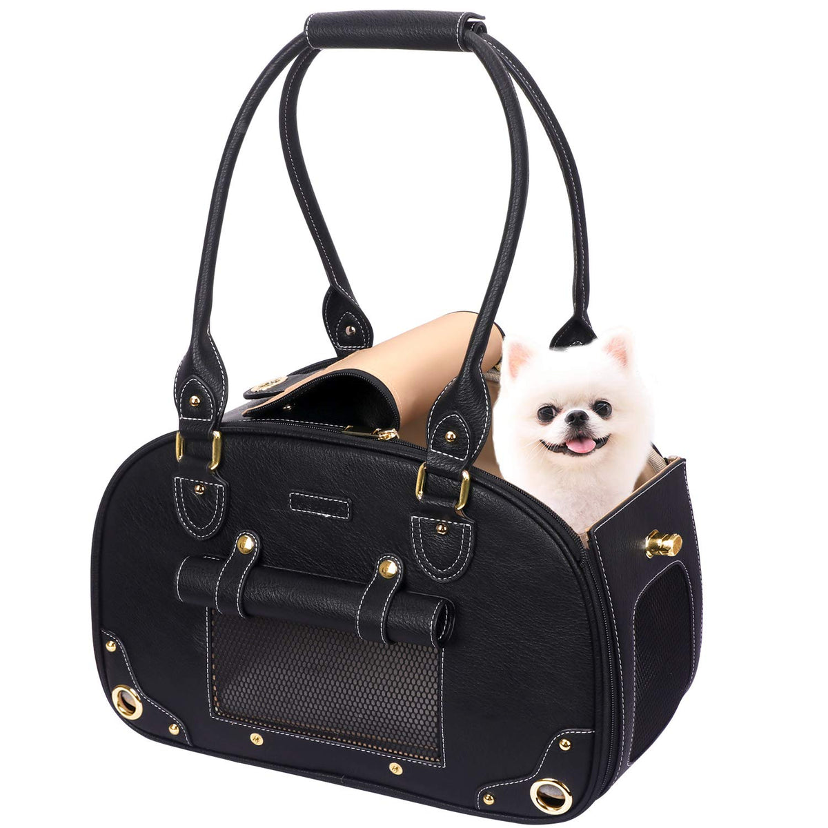 PetsHome dog carrier purse front view with premium PU leather and easy cleaning.