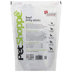 PetShoppe Beef Jerky Sticks close-up texture shows soft chew for training rewards.