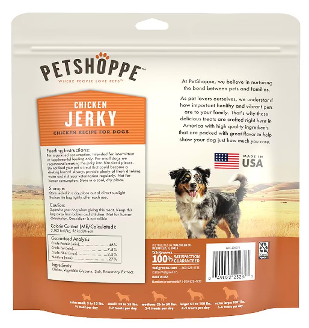 PetShoppe Premium Chicken Jerky bag close-up highlights lean, protein-rich snack