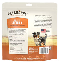 PetShoppe Premium Chicken Jerky bag close-up highlights lean, protein-rich snack