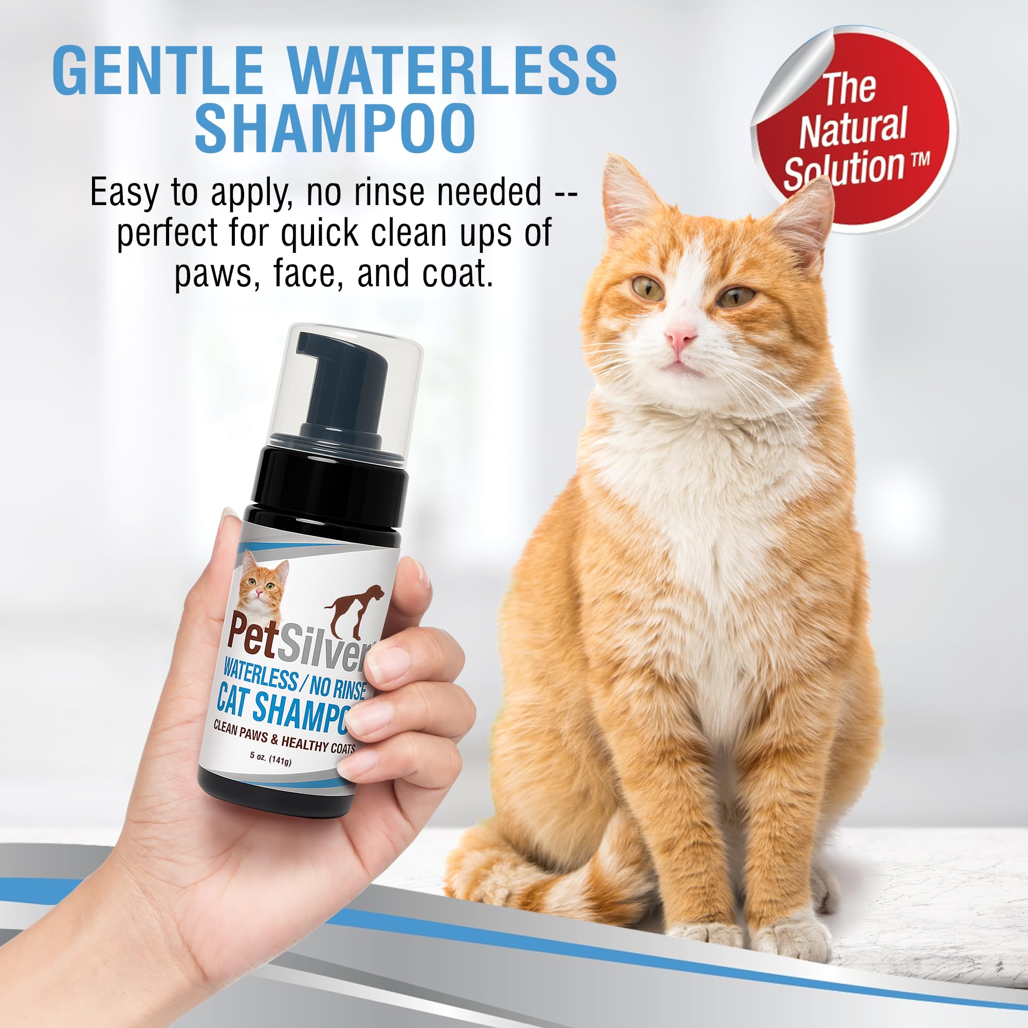 Petsilver Waterless Cat Shampoo no-rinse usage scene emphasizes spot-cleaning during busy days.