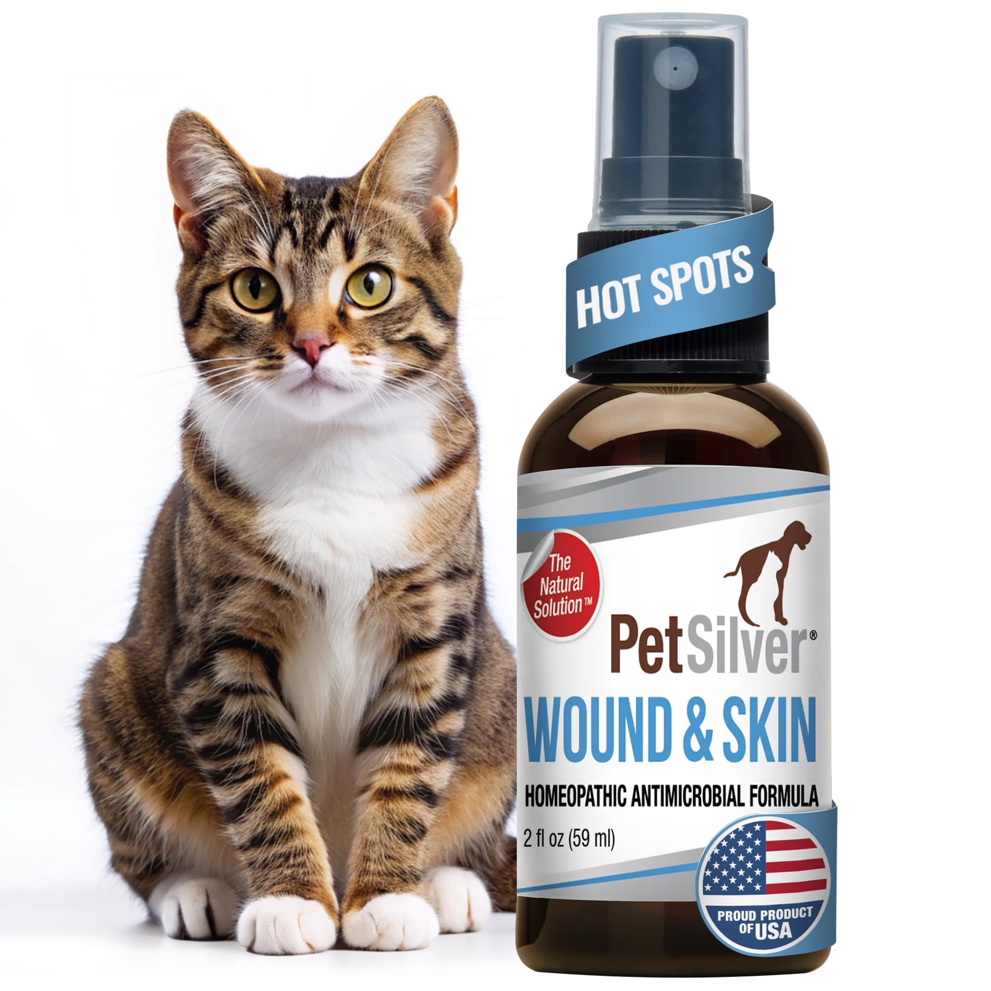 PetSilver Wound & Skin Spray bottle front for gentle cat wound care and relief.