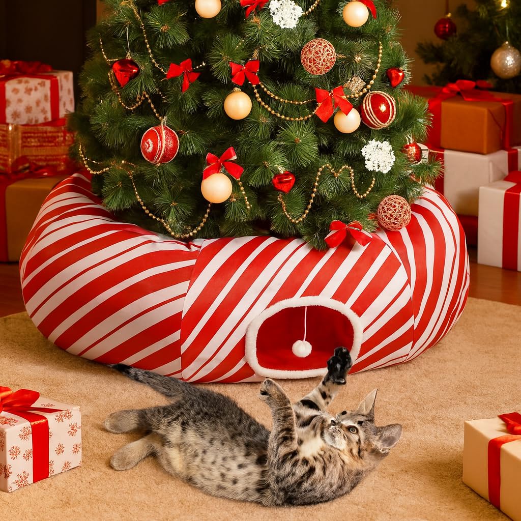 Petsinurarea 3-in-1 Christmas Tree Cat Tunnel Bed under the tree offers cozy, interactive play