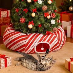 Petsinurarea 3-in-1 Christmas Tree Cat Tunnel Bed under the tree offers cozy, interactive play