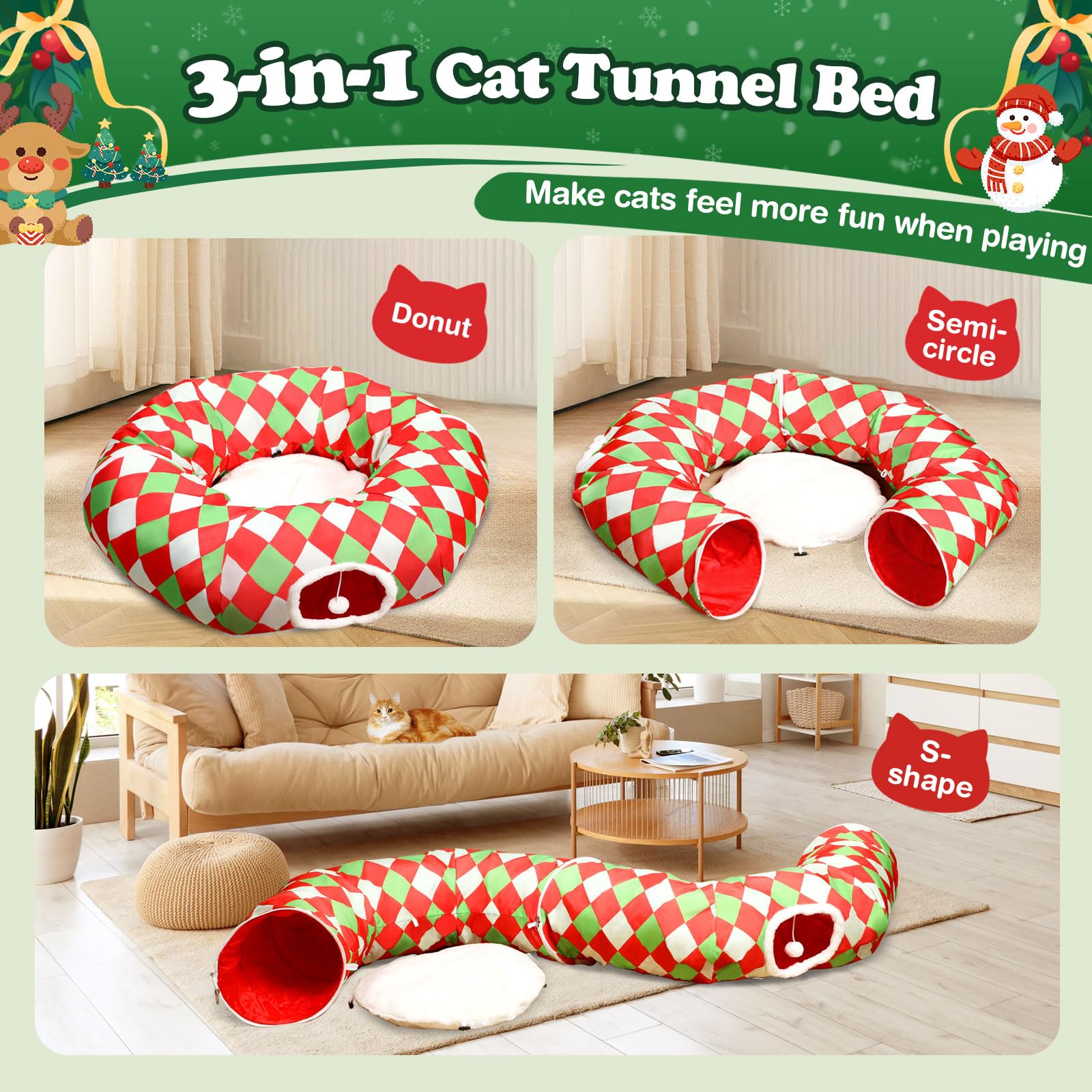 Petsinurarea cat tunnel bed with hanging balls for interactive play