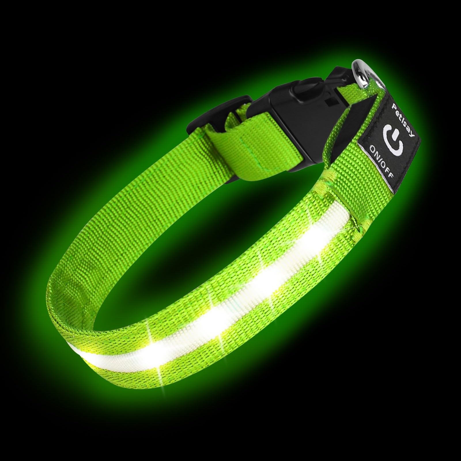 PetIsay super-bright LED dog collar in green on dog for night visibility