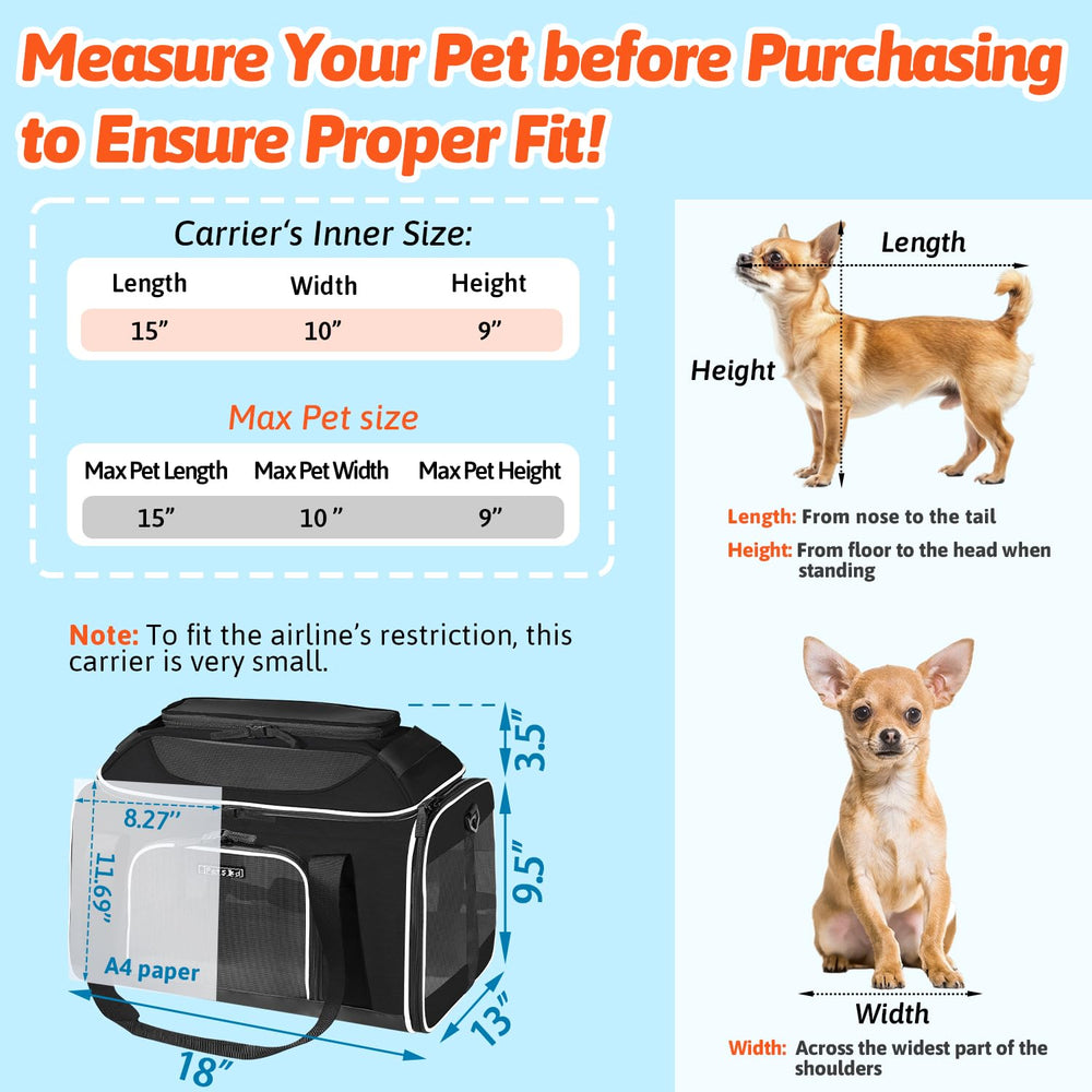 Petskd airline-approved cabin-fit shows compatible dimensions for Southwest and Air Canada travel.