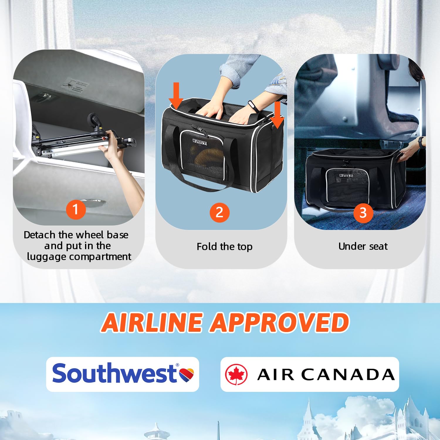 Petskd airline-approved cabin carrier fits under-seat for in-flight convenience.