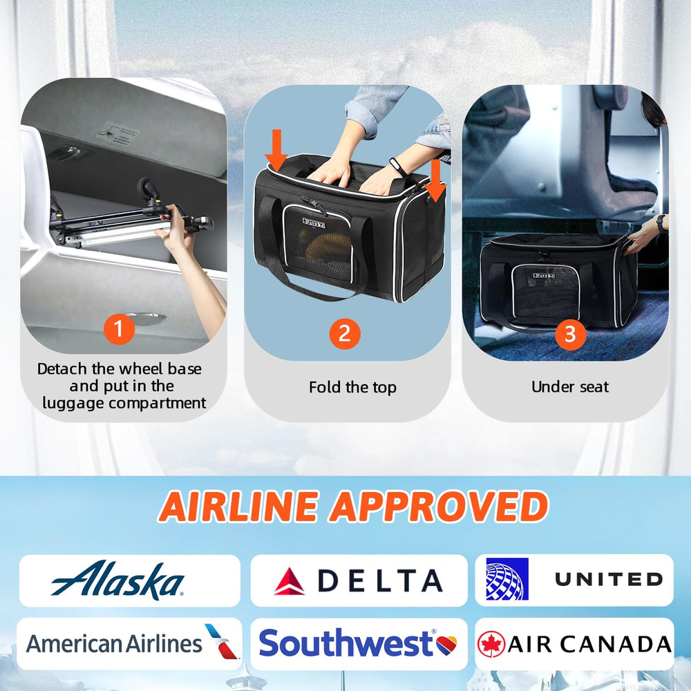 Petskd airline-approved pet carrier with side mesh ventilation for breathable travel.