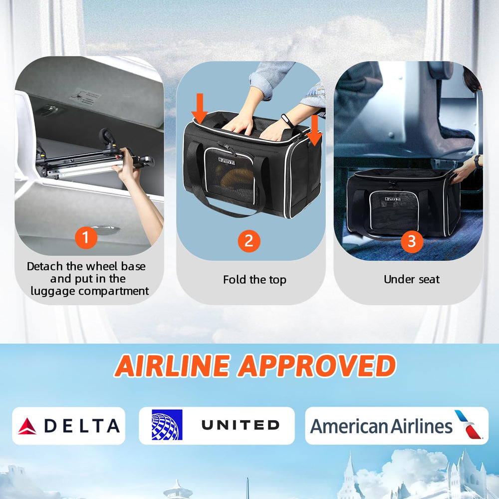 Petskd airline-approved carrier side view shows compact cabin fit for Delta and United.