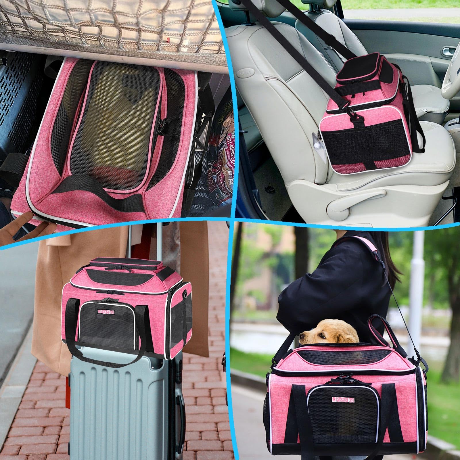 Petskd airline-approved under-seat design, 18x11x11 inches, compatible with Delta, United, American.