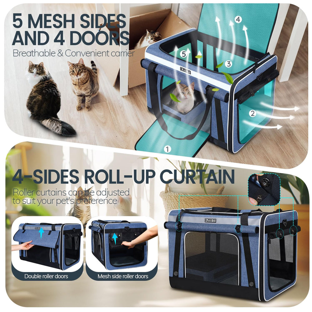 Petskd car travel carrier privacy shade roll-up sides for privacy and ventilation.